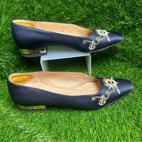 St. John Women's Navy Flats with Gold Embroidery - Picture 1 of 9
